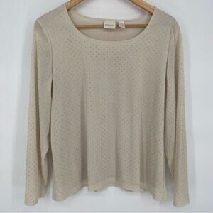Chico’s Top Metallic Beading Stretchy Vacation Mature Modest Cream & Gold Large